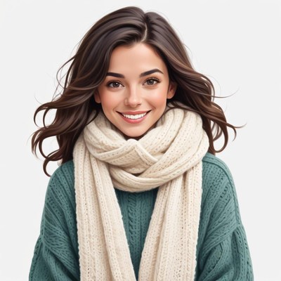 Smiling woman in cozy sweater and scarf during winter