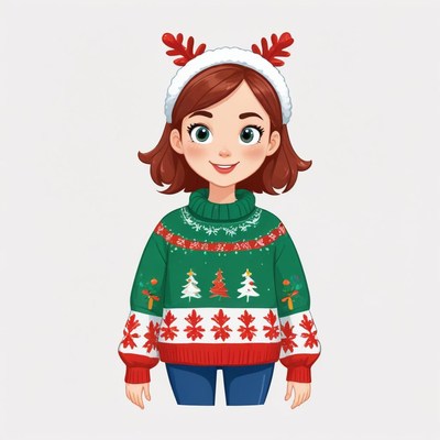 Girl wearing a festive sweater with reindeer antlers