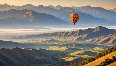 Hot air balloon soaring over mountains during sunrise