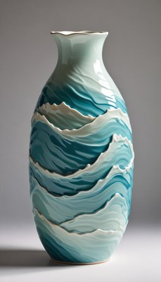 Ceramic vase with ocean wave design in blue tones