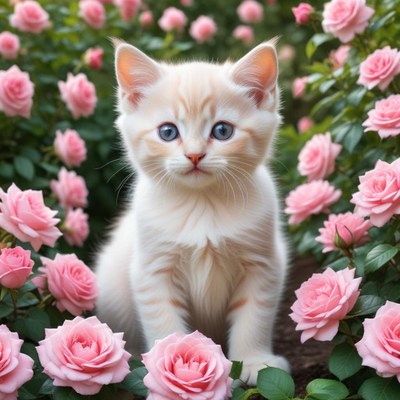 Cute kitten surrounded by blooming pink roses in a garden