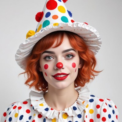 Colorful clown with polka dots and cheerful expression