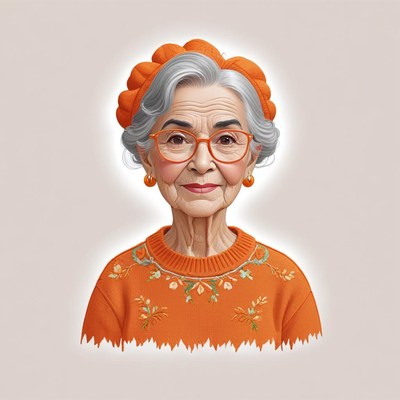Elderly woman smiling in orange sweater with floral design