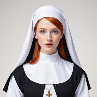 Young woman in traditional nun attire with red hair