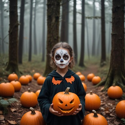 Young child with painted face and pumpkins in forest