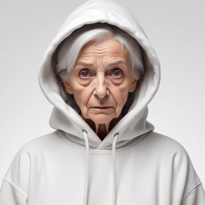 Elderly woman with gray hair in a white hoodie