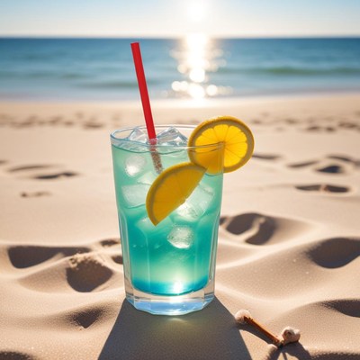Refreshing blue drink on a sunny beach shore
