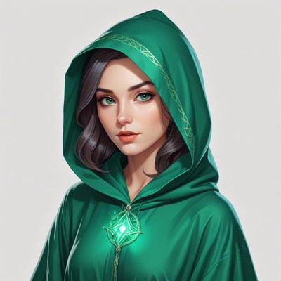 Young woman in green hooded cloak with glowing jewel