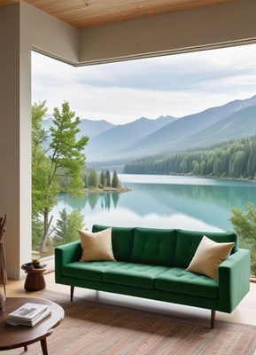 Modern living room with green sofa and lake view