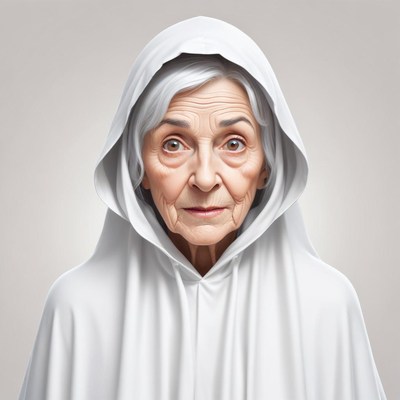 Elderly woman in a hooded cloak with a wise expression