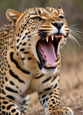 Majestic leopard roaring in the wild