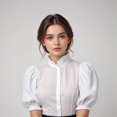 Young woman in chic white shirt poses