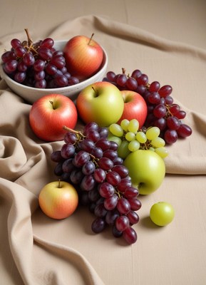 Fresh apples and grapes arranged on a table