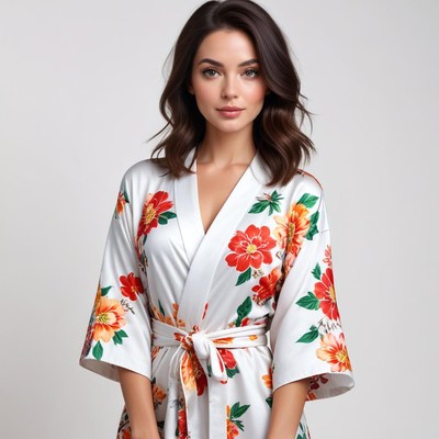 Floral robe model posing indoors