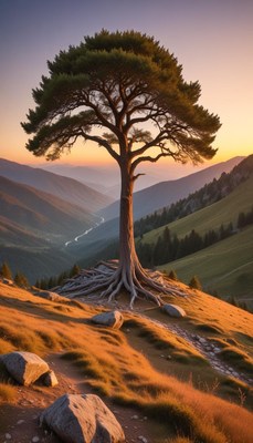 Majestic tree overlooks valley at sunset