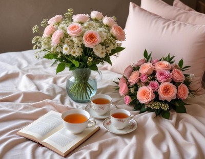 Cozy tea time with flowers