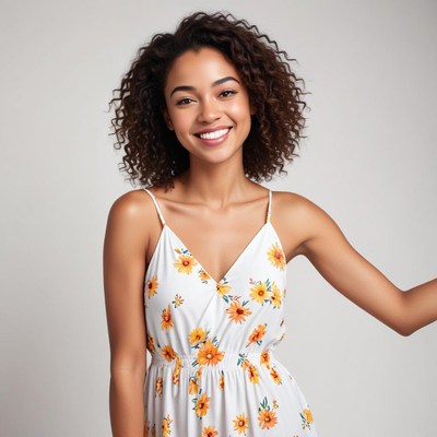 Woman in floral dress smiles brightly