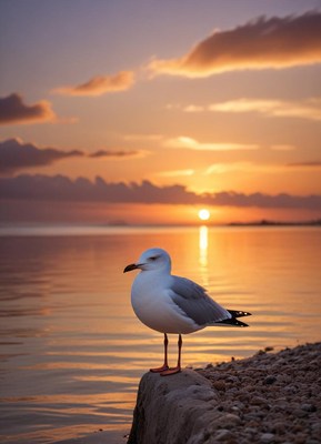 Seagull at sunset by the water