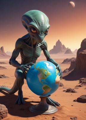 Alien examining earth globe on mars