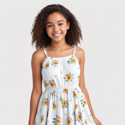 Smiling girl in sunflower dress