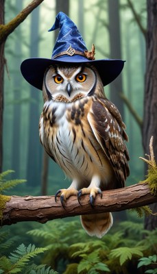 Owl wearing a wizard hat in a forest