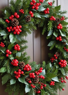 Holiday wreath with berries and pinecones