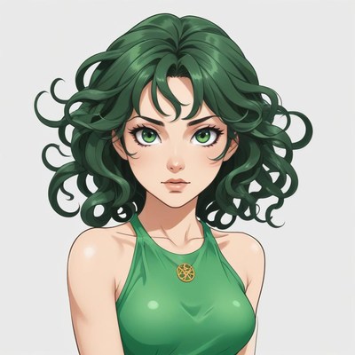 Green-haired character with stylish curls