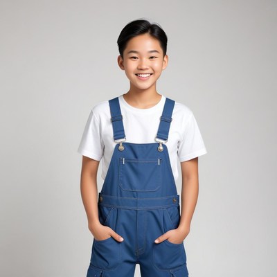 Smiling boy in blue overalls