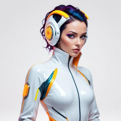 Futuristic woman in sleek outfit