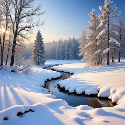 Winter landscape with snowy trees and stream