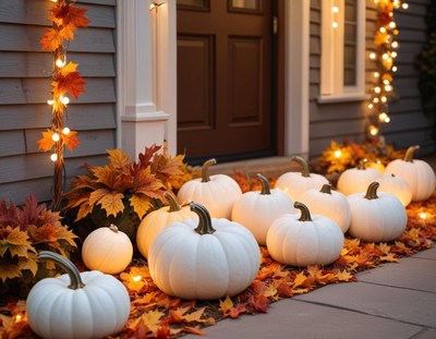Beautiful autumn porch with white pumpkins