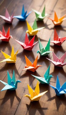 Colorful origami cranes on wooden floor