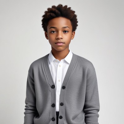 Young boy in stylish gray cardigan
