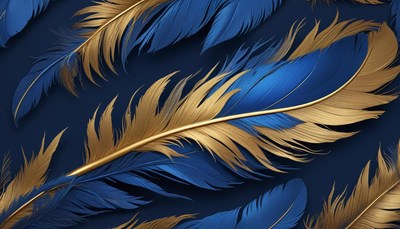 Blue and gold feathers on dark background