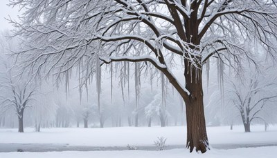 Snowy winter landscape with icicles