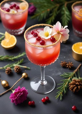 Festive cocktail with floral garnish