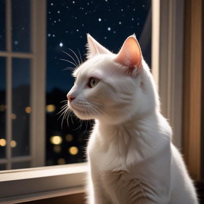 White cat gazing at night sky
