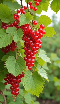 Ripe red currants hanging on vines