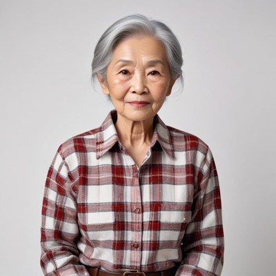 Elderly woman in plaid shirt