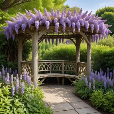 Wisteria-covered garden gazebo blooms