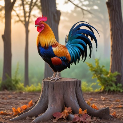 Colorful rooster standing on stump