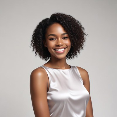 Smiling woman in silver dress
