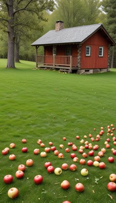 Red cabin in apple orchard during autumn