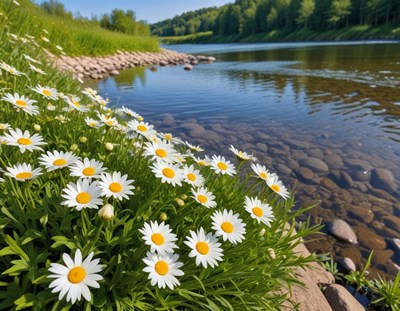 Flowers by the riverbank shine brightly