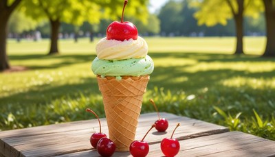 Colorful ice cream cone in sunny park