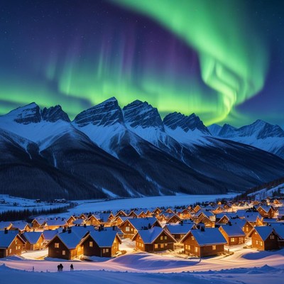 Northern lights over winter village