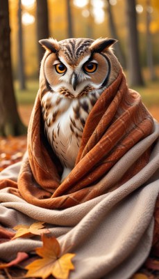 Owl wrapped in cozy blanket