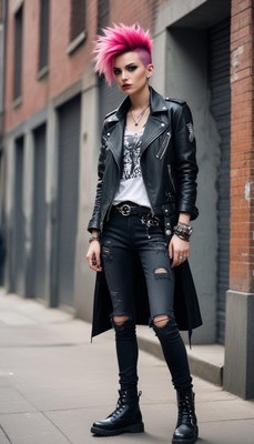 Pink-haired punk in city street