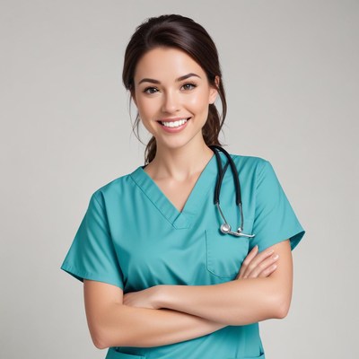 Smiling nurse in teal scrubs with stethoscope