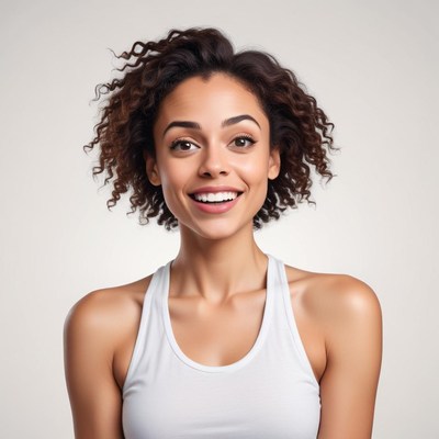 Smiling woman with curly hair indoors